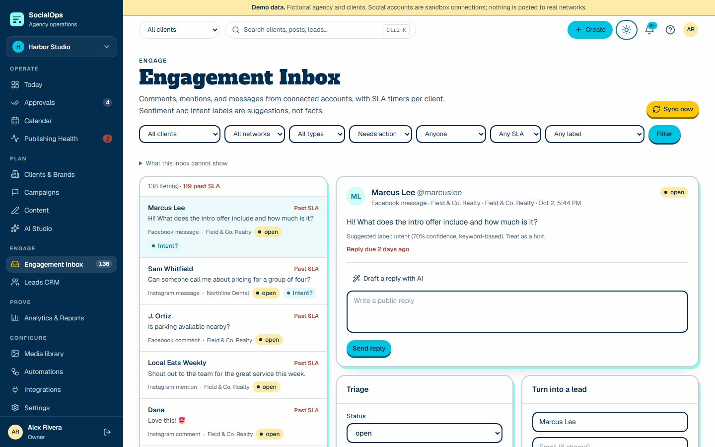 Inbox, leads, and outcomes screen